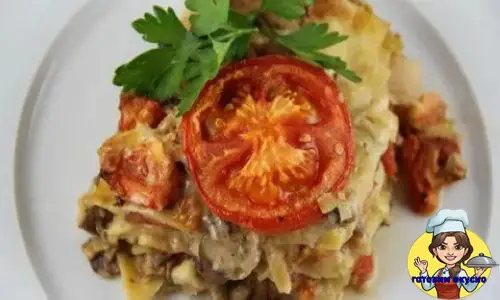 лазанья с луком-пореем и грибами